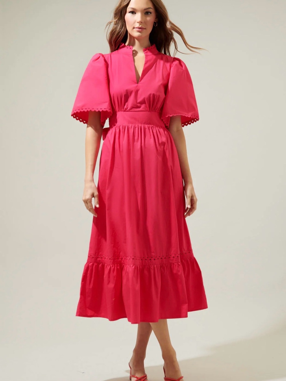 Sugarlips Vibrant Pink Eyelet-Trim Midi Dress Camden Poplin Midi Dress - Picture 6 of 9